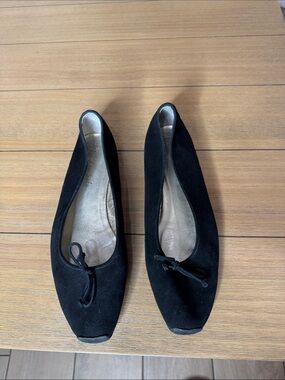 London Sole Black Suede Ballet Flats Square Toe Bow Made in Italy EU 41.5